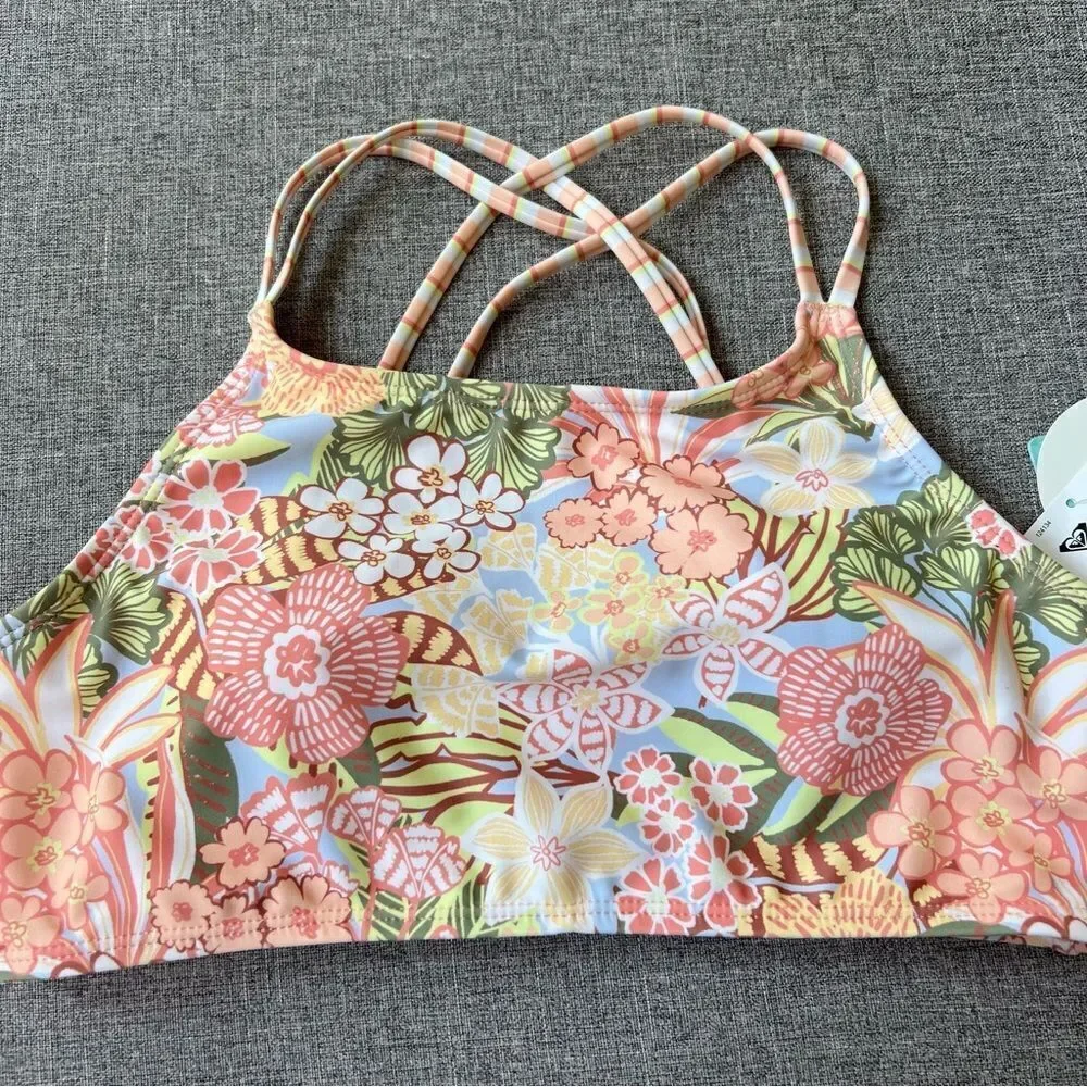 NWT Roxy Orange Sporty Floral Tropical Bikini Top Crisscross Straps Girls 16
